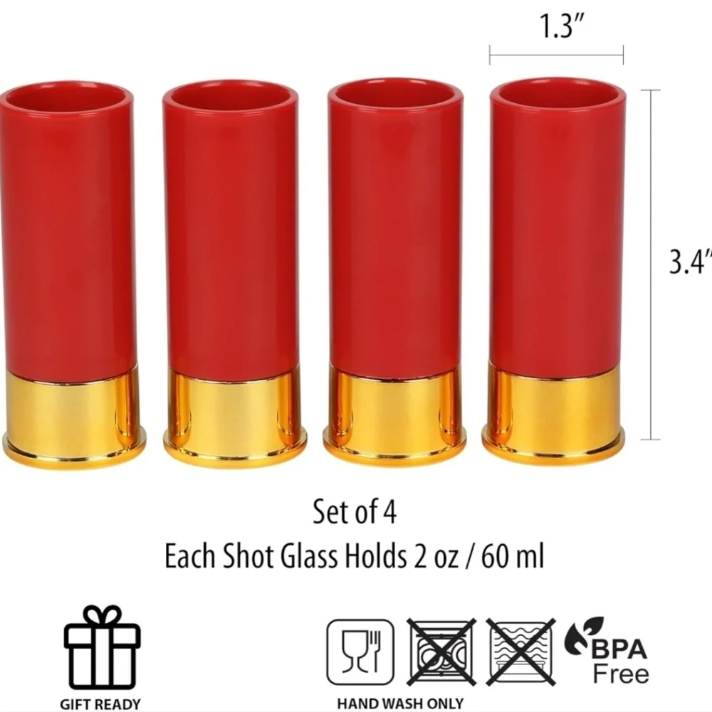 Set of 4 12 Gauge Red & Gold Shotgun Shell Shot Glasses